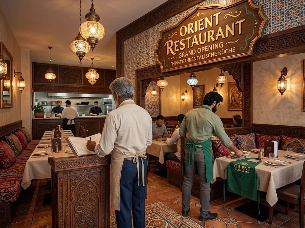 Orientalisch gestalteter Gastraum mit Serviceteam und Gästen