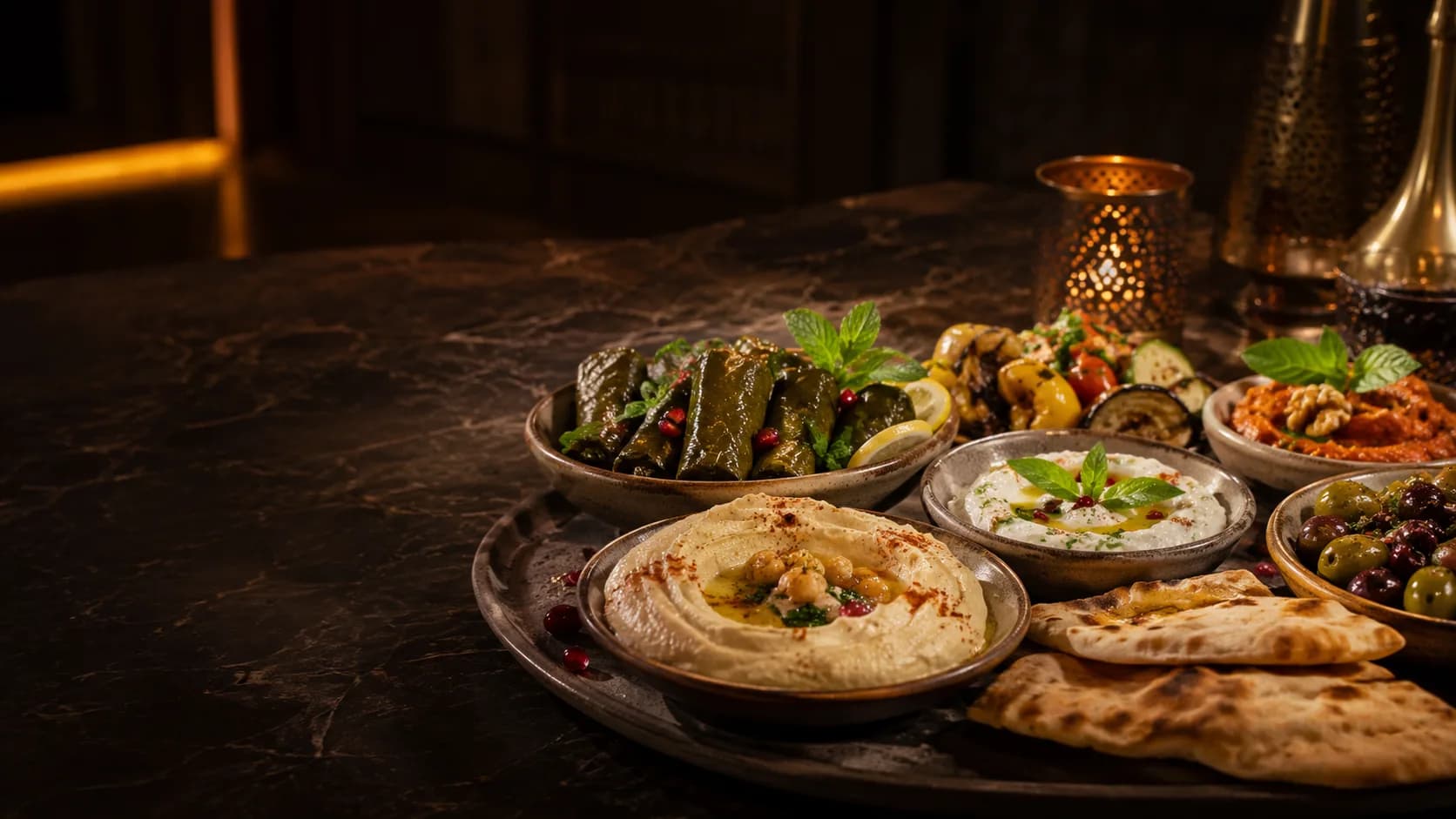 Orientalische Mezze-Auswahl: Hummus, gefüllte Weinblätter, Oliven und frisches Fladenbrot
