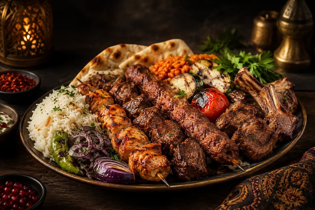 Große gemischte Grillplatte mit Kebab, Fleischspießen, Reis und gegrilltem Gemüse