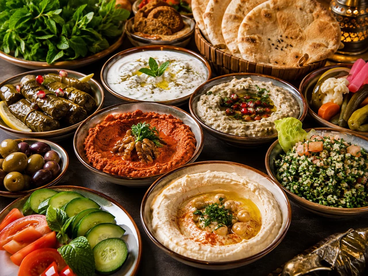 Orientalischer Mezze-Teller mit Hummus, Salaten, gefüllten Weinblättern und Fladenbrot