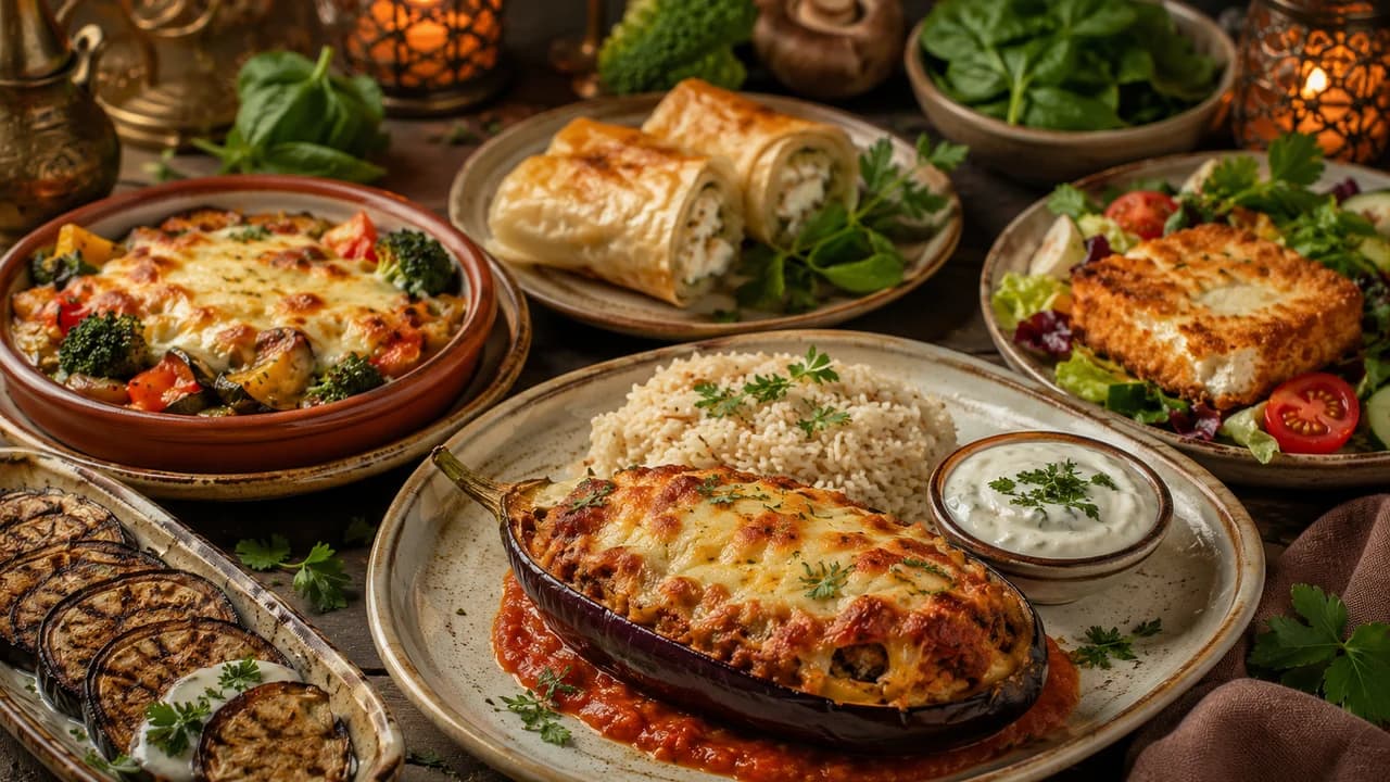 Auswahl vegetarischer Spezialitäten mit gefüllter Aubergine, Gemüse, Reis und Salat